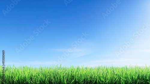 Green grass on blue clear sky, spring nature theme. Panorama