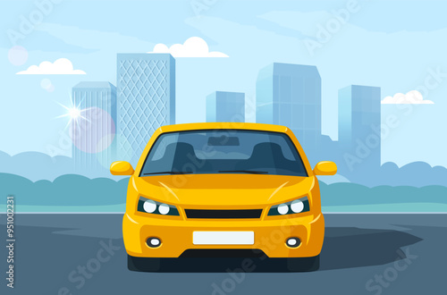Yellow car on city background. Web banner design. Vector illustration