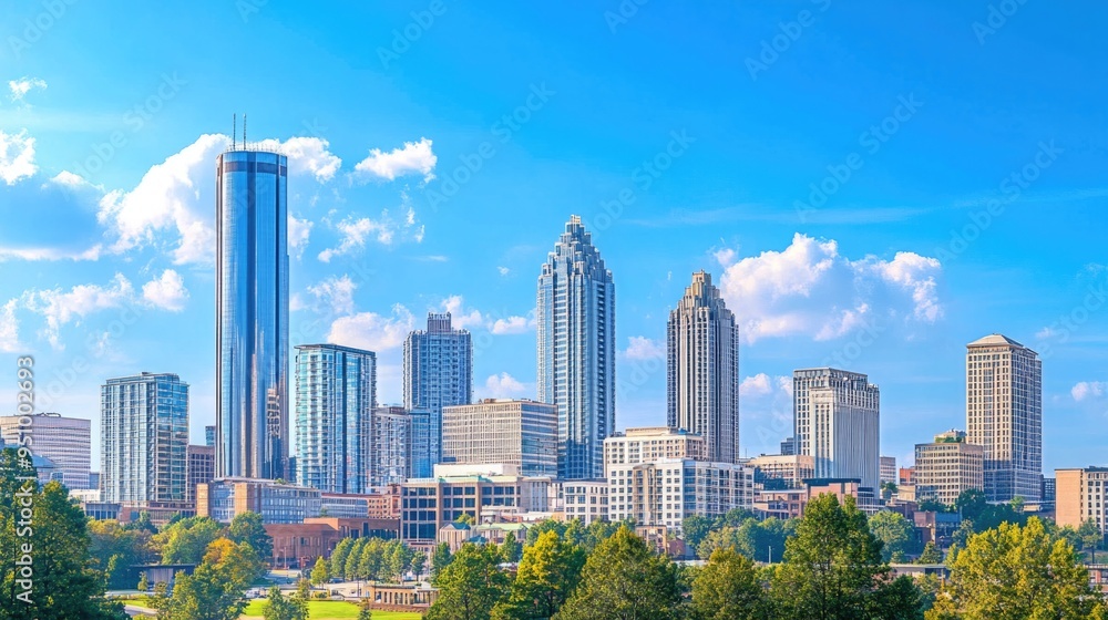Fototapeta premium Downtown Atlanta Skyline showing several prominent buildings and hotels under a blue sky