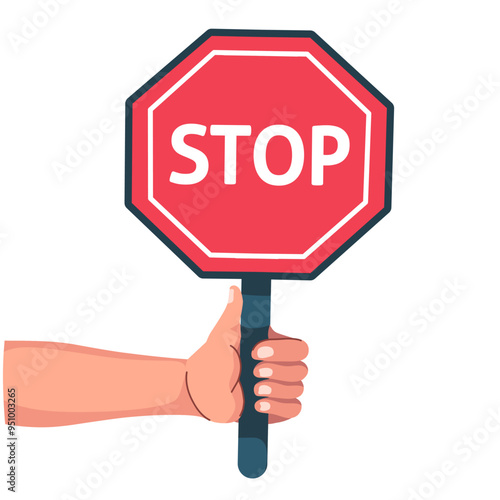 hand holding stop sign flat hand drawn illustration on white background