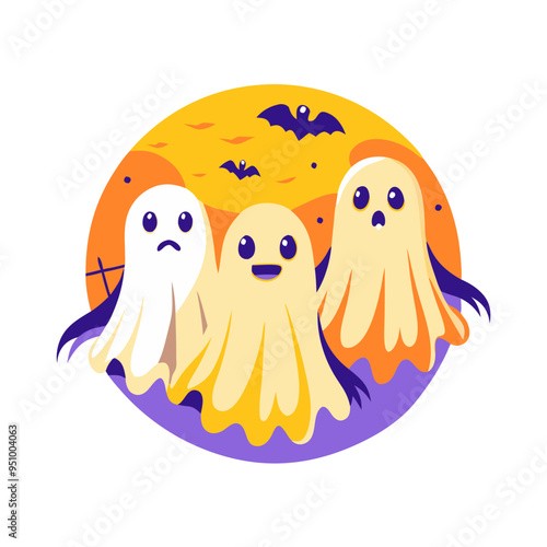 Three Friendly Ghosts with Bats, Halloween Night