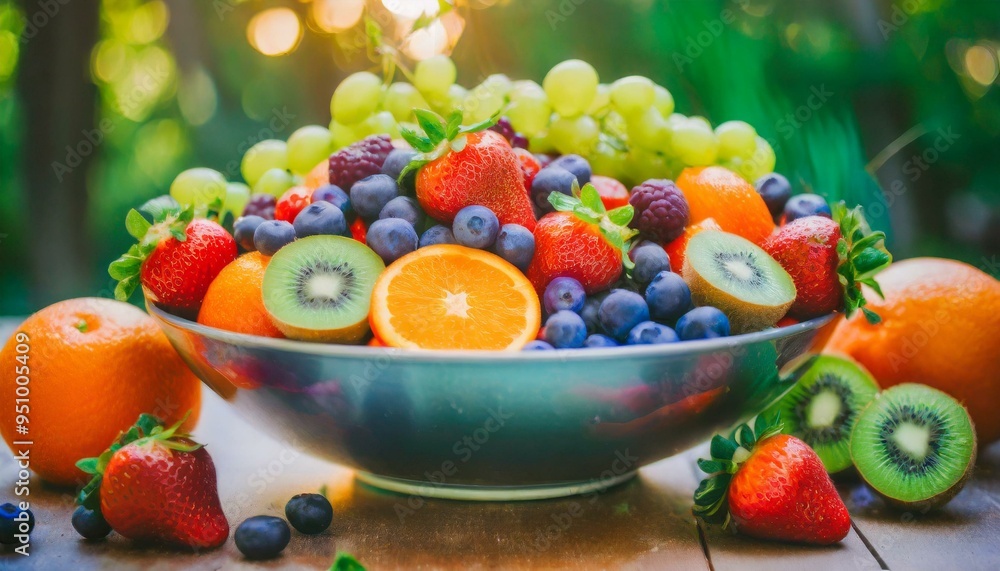 A vibrant ceramic bowl overflows with fresh fruits like strawberries, blueberries, kiwi, oranges, and grapes, glistening with freshness in natural light. A vibrant ceramic bowl overflows with fresh fruits like strawberries, blueberries, kiwi, oranges, and grapes, glistening with freshness in natural light.