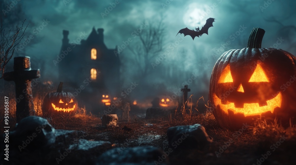 Jack O' Lanterns In Graveyard In The Spooky Night - Halloween Backdrop Jack O' Lanterns In Graveyard In The Spooky Night - Halloween Backdrop