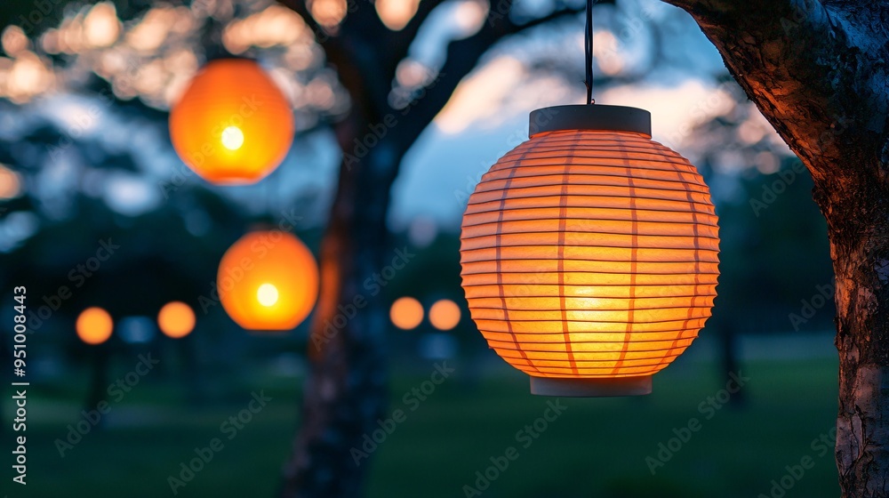 Fototapeta premium Illuminated Paper Lantern Hanging From Tree Branch.
