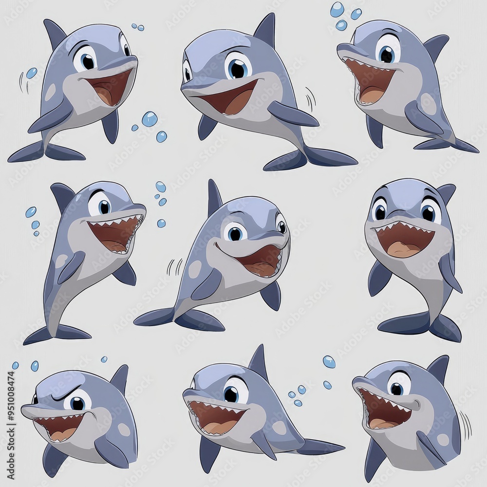 Obraz premium Cute Cartoon Dolphin Characters Set with Various Expressions