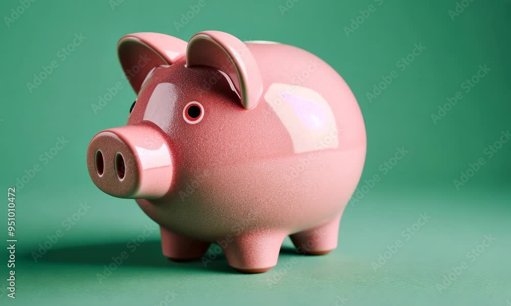 Pink piggy bank on a green background, savings concept Pink piggy bank on a green background, savings concept