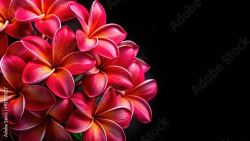 Vibrant red plumeria flowers contrast beautifully against a black background, with space for text