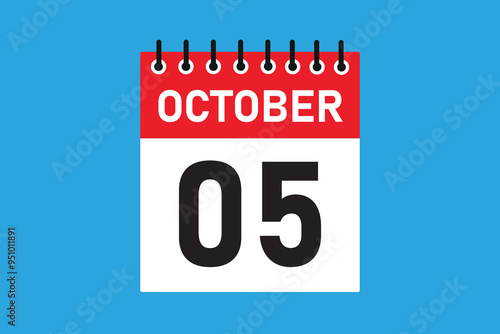 05 October . 5th October  professional modern exclusive daily calendar design. Meeting schedule flat icon icon design. White and red color paper. White,black color text. Vector illustration eps 10.