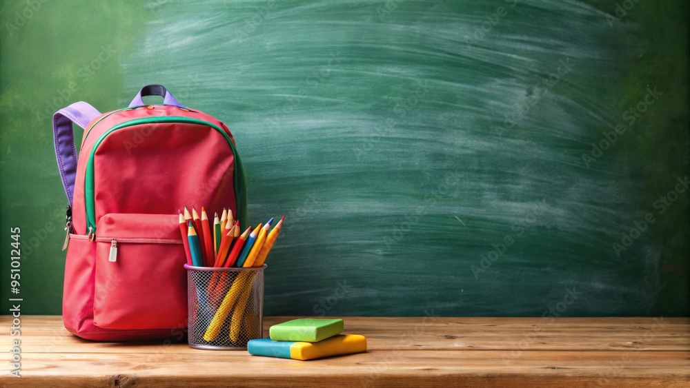 Back to school scene with colorful backpack and school supplies on chalkboard background Back to school scene with colorful backpack and school supplies on chalkboard background