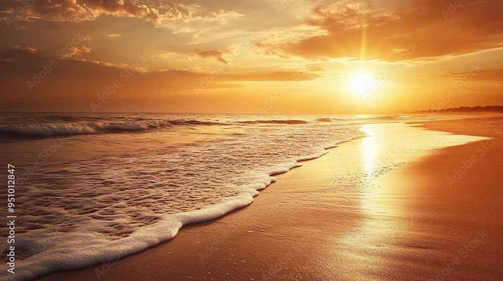 Fototapeta premium Sunset casting a golden glow over a sandy beach