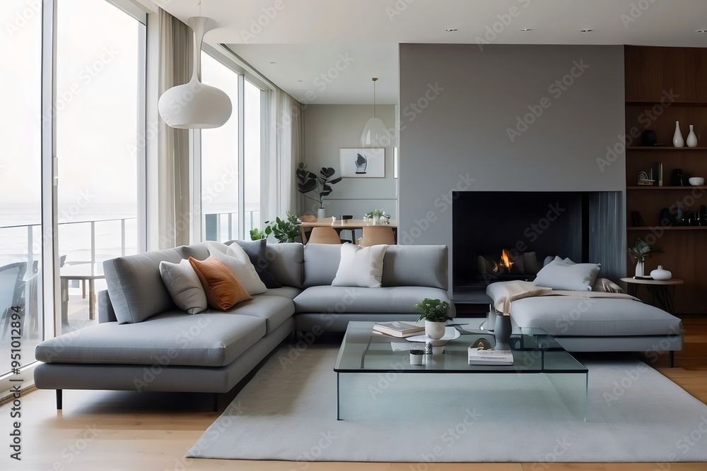 Modern living room, Scandinavian home interior design with comfortable sofa and plants, gray walls, cozy carpet, wall art framed. Modern living room, Scandinavian home interior design with comfortable sofa and plants, gray walls, cozy carpet, wall art framed.