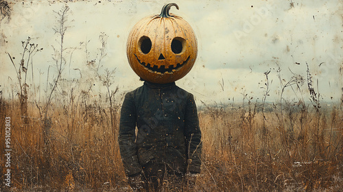 A vintage photograph reveals a man with a pumpkin head, unearthing curiosities of the past. Perfect for Halloween events and mysterious-themed designs.
