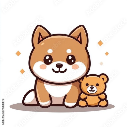 Cute Cartoon Shiba Inu Dog Holding Teddy Bear