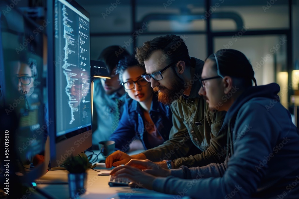 People gathered around a computer discussing or working together People gathered around a computer discussing or working together