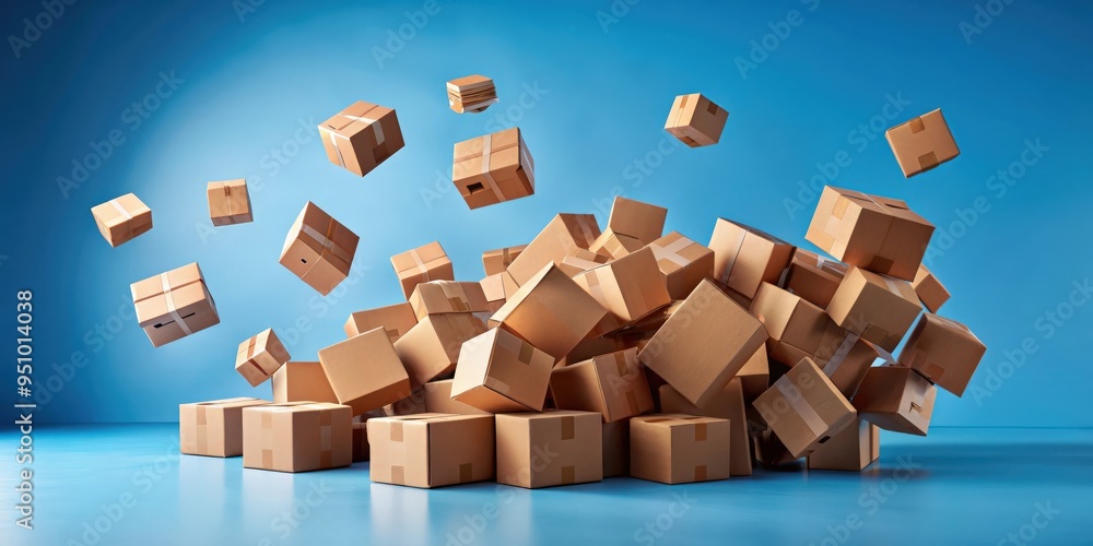 Cardboard boxes falling on blue background, isolated setting for shipping and storage themes Cardboard boxes falling on blue background, isolated setting for shipping and storage themes