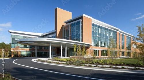 Modern medical building with entrance. Perfect for showcasing healthcare, architecture, or urban design.