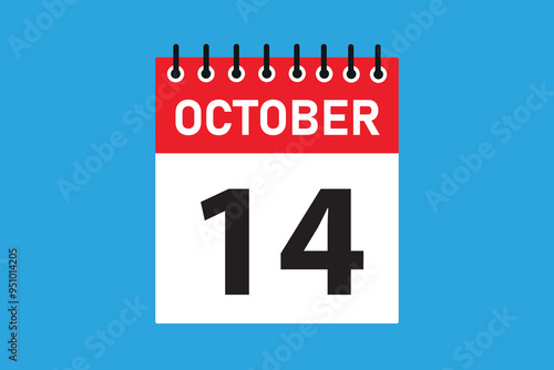 14 October . 14th October  professional modern exclusive daily calendar design. Meeting schedule flat icon icon design. White and red color paper. White, black color text. Vector illustration eps.
