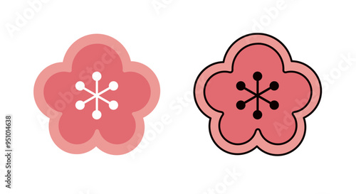 シンプルな和風の梅の花のアイコン＿家紋風＿ピンク＿線画