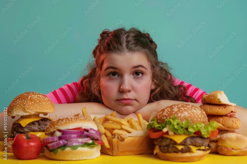A young girl enjoying a meal of hamburgers and french fries, ideal for food or family related concepts A young girl enjoying a meal of hamburgers and french fries, ideal for food or family related concepts