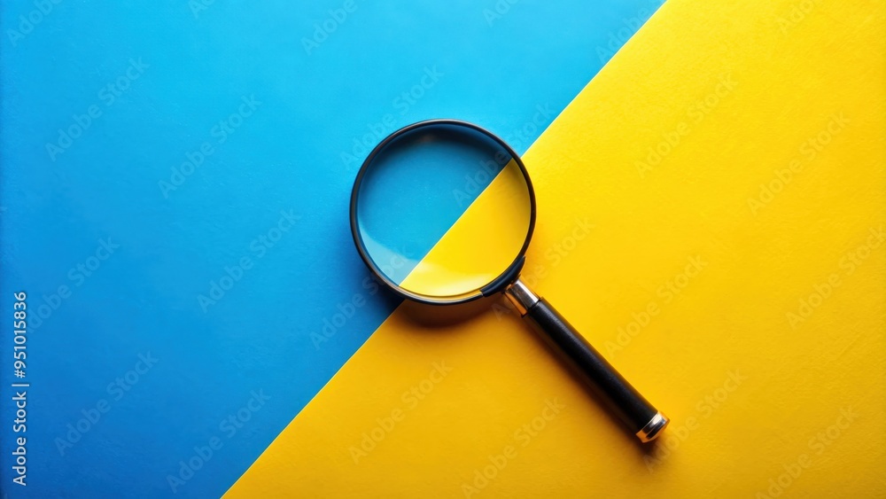 Magnifying glass on vibrant yellow and blue background, top view with copy space Magnifying glass on vibrant yellow and blue background, top view with copy space