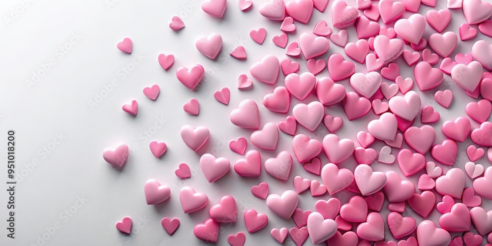 Valentine's Day background with pink hearts scattered on a white surface, top view Valentine's Day background with pink hearts scattered on a white surface, top view
