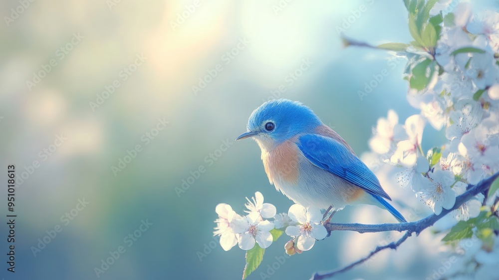 Obraz premium Blue and orange bird on blooming branch