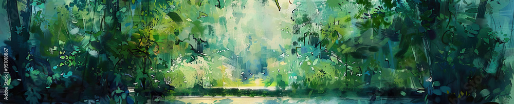 Obraz premium Cloistered Canvas: A peaceful cloister garden is the subject of an abstract painting, its vibrant greens and blues creating a tranquil mood.