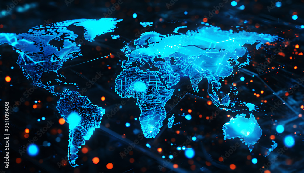 Cyber Technology and Data Transfer, Abstract Global Network with Blue Glowing World Map and Digital Connections Cyber Technology and Data Transfer, Abstract Global Network with Blue Glowing World Map and Digital Connections