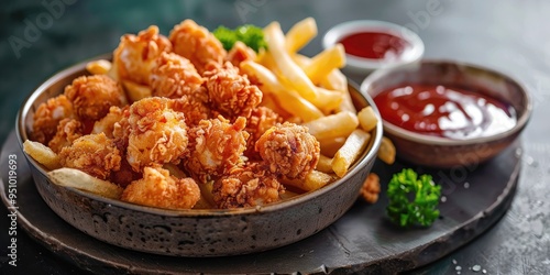 Crispy popcorn chicken with French fries and sauce in a bowl