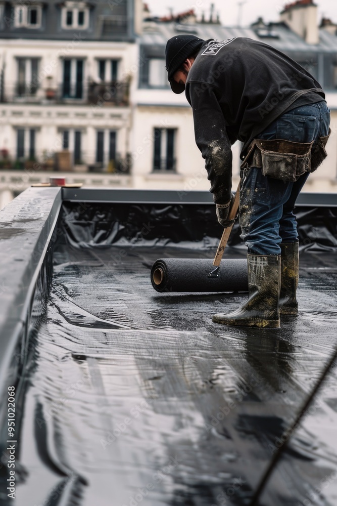A worker fixing a roof with a black tarpaulin, useful for construction or DIY projects A worker fixing a roof with a black tarpaulin, useful for construction or DIY projects