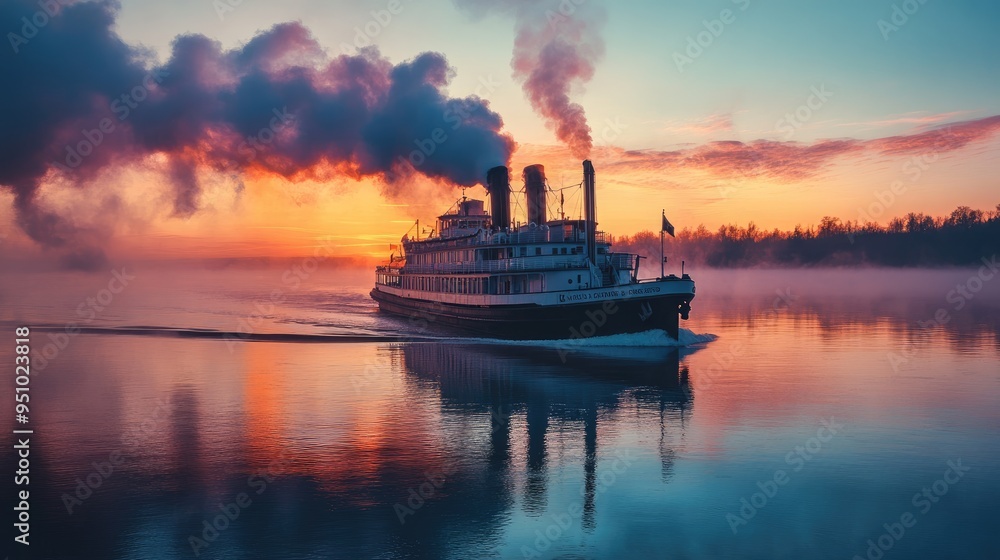 A steamboat cruises along a misty river. Perfect for travel, adventure, and nostalgia themes. A steamboat cruises along a misty river. Perfect for travel, adventure, and nostalgia themes.