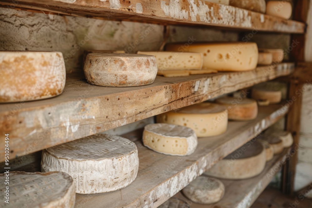 Cheeses aging on wooden shelves in a rustic cellar, showcasing various types and textures nestled in a quiet, cool environment Cheeses aging on wooden shelves in a rustic cellar, showcasing various types and textures nestled in a quiet, cool environment