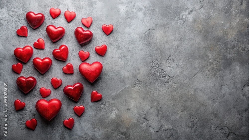 Valentine's Day theme with red hearts on gray concrete background, flat lay top view with copy space Valentine's Day theme with red hearts on gray concrete background, flat lay top view with copy space