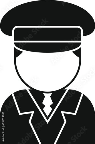 Black and white vector illustration of a driver in uniform with hat and tie waiting for passengers