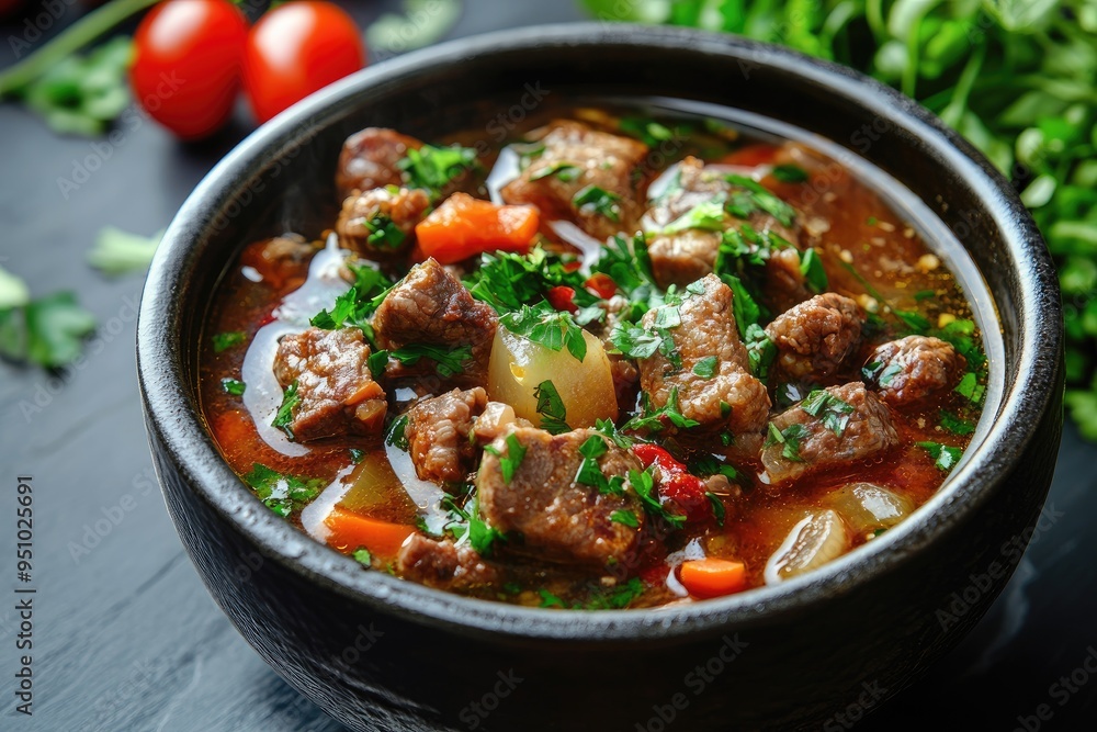 Close-up of a bowl of beef stew. This image is perfect for illustrating a recipe for beef stew or for representing hearty and comforting food. Close-up of a bowl of beef stew. This image is perfect for illustrating a recipe for beef stew or for representing hearty and comforting food.