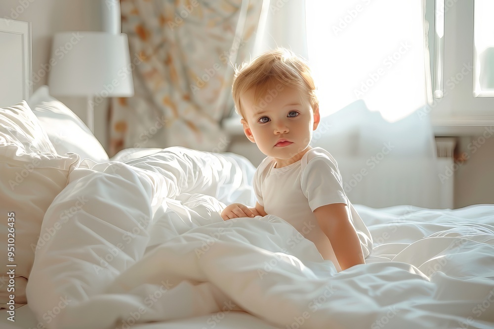 Baby boy in white bedroom. One years child. Childhood, motherhood Baby boy in white bedroom. One years child. Childhood, motherhood