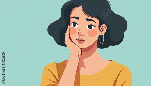 Illustration of a thoughtful young woman with brown hair wearing a yellow shirt and hoop earrings.