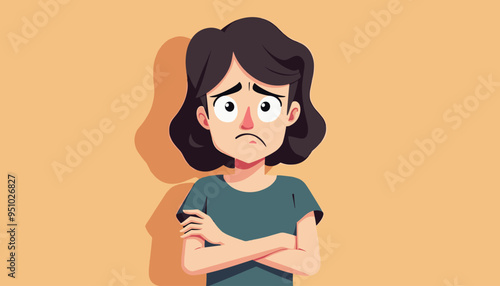Animated woman with dark hair and a sad expression standing against a beige background.