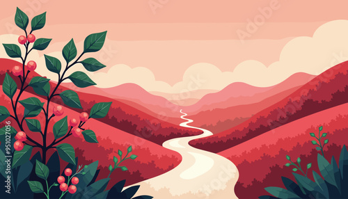 Illustration of a winding river through red hills under a pink sky with berry-laden plants in the foreground.