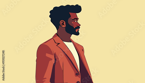 Profile of a bearded man in a stylish orange jacket against a plain background.