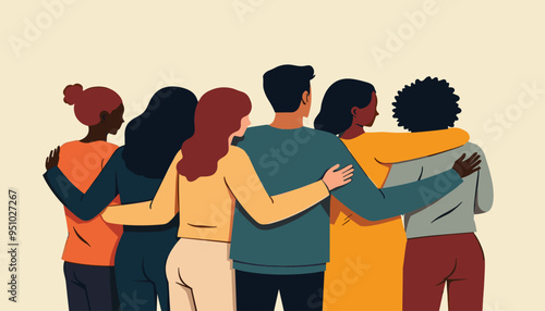 A diverse group of men and women standing together with their arms around each other, symbolizing unity and support.