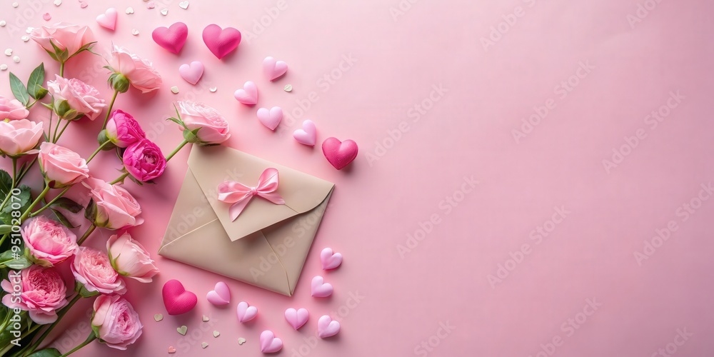 Valentine's Day flat lay with pink flowers, envelope, hearts on pastel pink background, copy space Valentine's Day flat lay with pink flowers, envelope, hearts on pastel pink background, copy space
