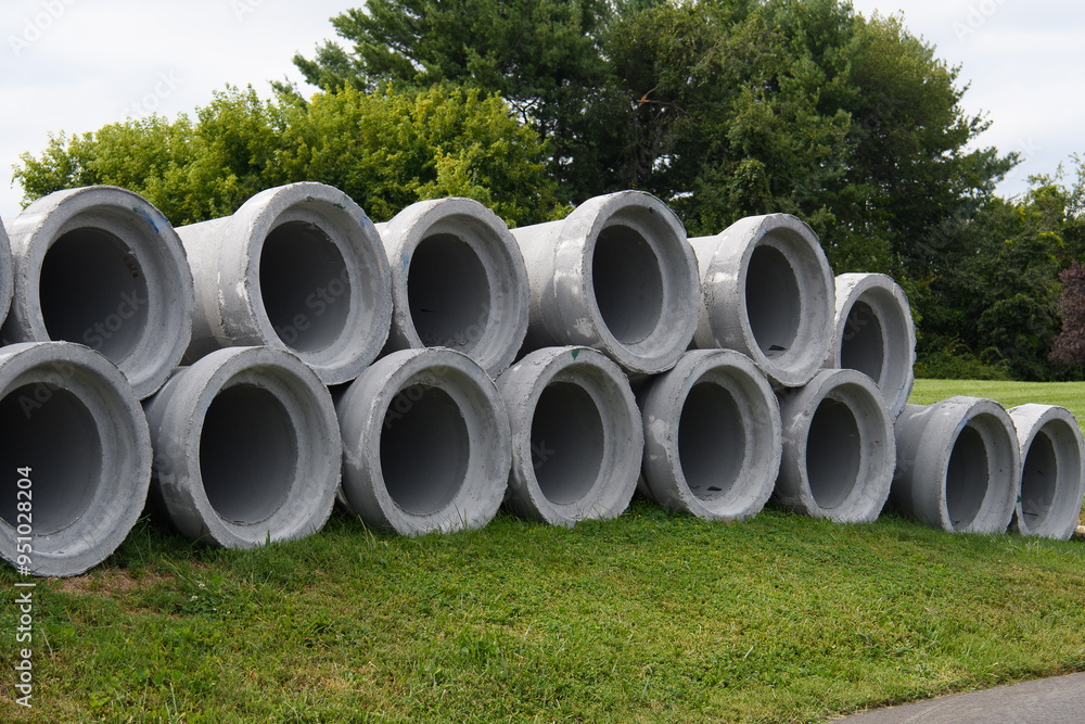 concrete round big pipes stacked outdoors sewer large heavy water materials new concrete round big pipes stacked outdoors sewer large heavy water materials new