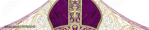 An intricate line drawing of a Catholic bishop's miter, accentuated by rich shades of purple and gold.