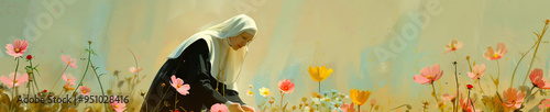 A serene painting of a Catholic nun tending to a garden, surrounded by blooming flowers in shades of pink and yellow. photo