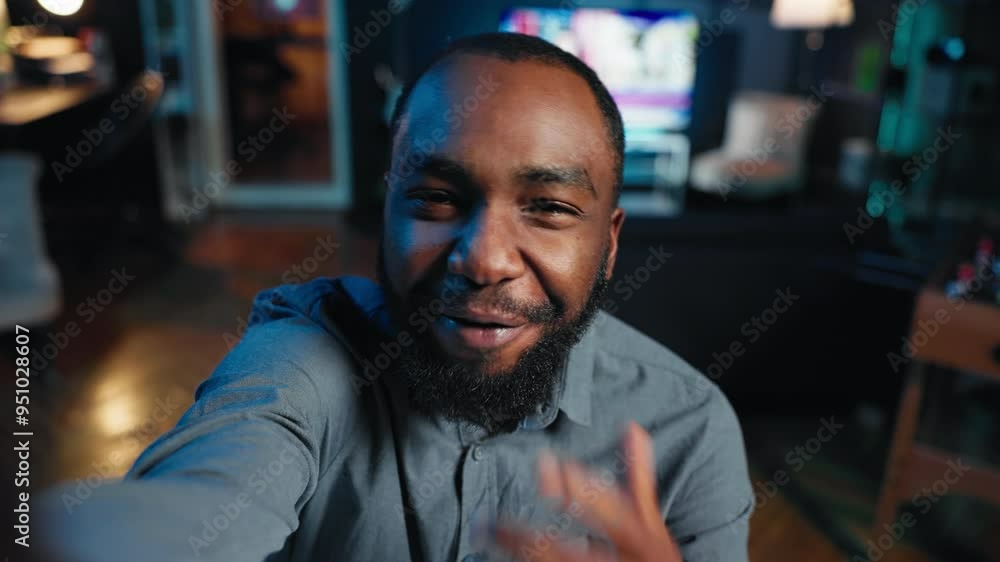 Point of view shot of content creator using smartphone to do live broadcast for subscribers, showing his home studio. Online star films himself for viewership using cellphone camera, POV perspective