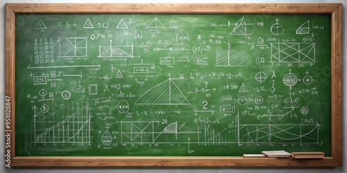 Green chalkboard with mathematical equations and formulas written in chalk