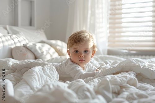 Baby boy in white bedroom. One years child. Childhood, motherhood