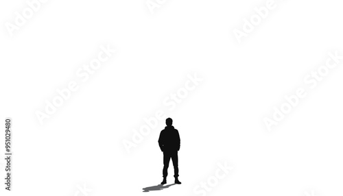 Silhouette of a lone individual standing against a white background, conveying solitude and contemplation.