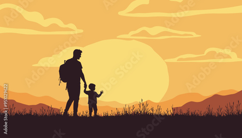 Silhouette of a man and child holding hands, walking at sunset in a natural landscape.